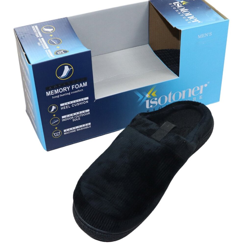 Isotoner Signature Memory Foam Indoor/Outdoor Men's Slippers NIB Black Corduroy